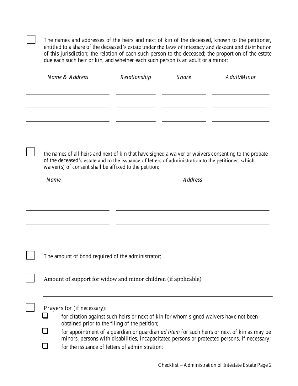 Administration of Intestate Estate Checklist - Virgin Islands, Page 2