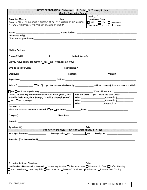 Form MONSR-0001 Monthly Supervision Report - Virgin Islands