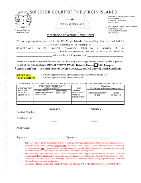 Marriage Application Cover Sheet - Virgin Islands