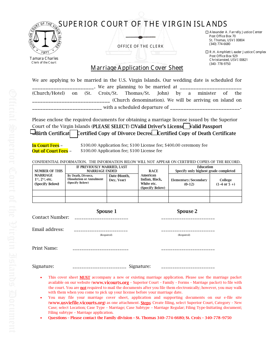 Marriage Application Cover Sheet - Virgin Islands, Page 1