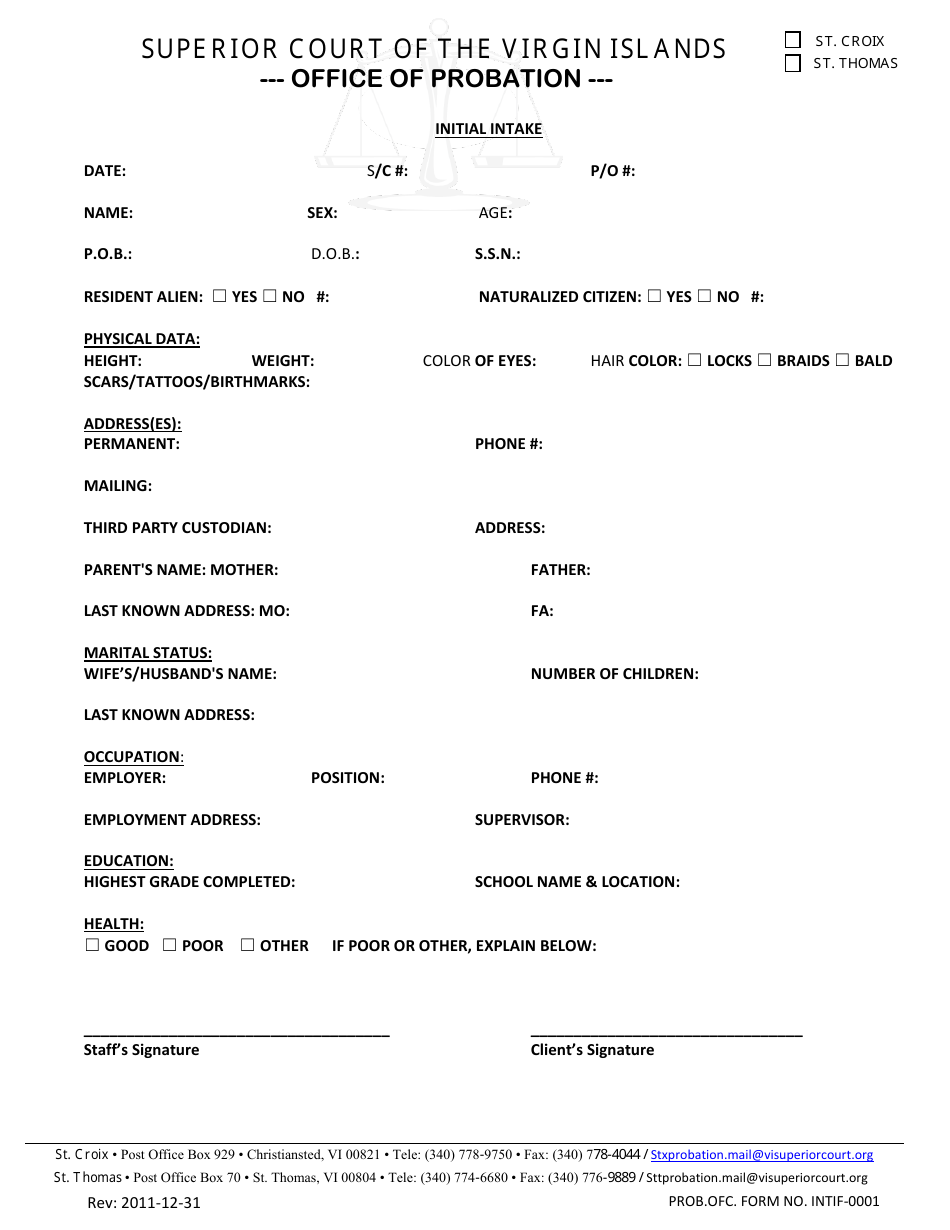 Form INTIF-0001 Initial Intake - Virgin Islands, Page 1