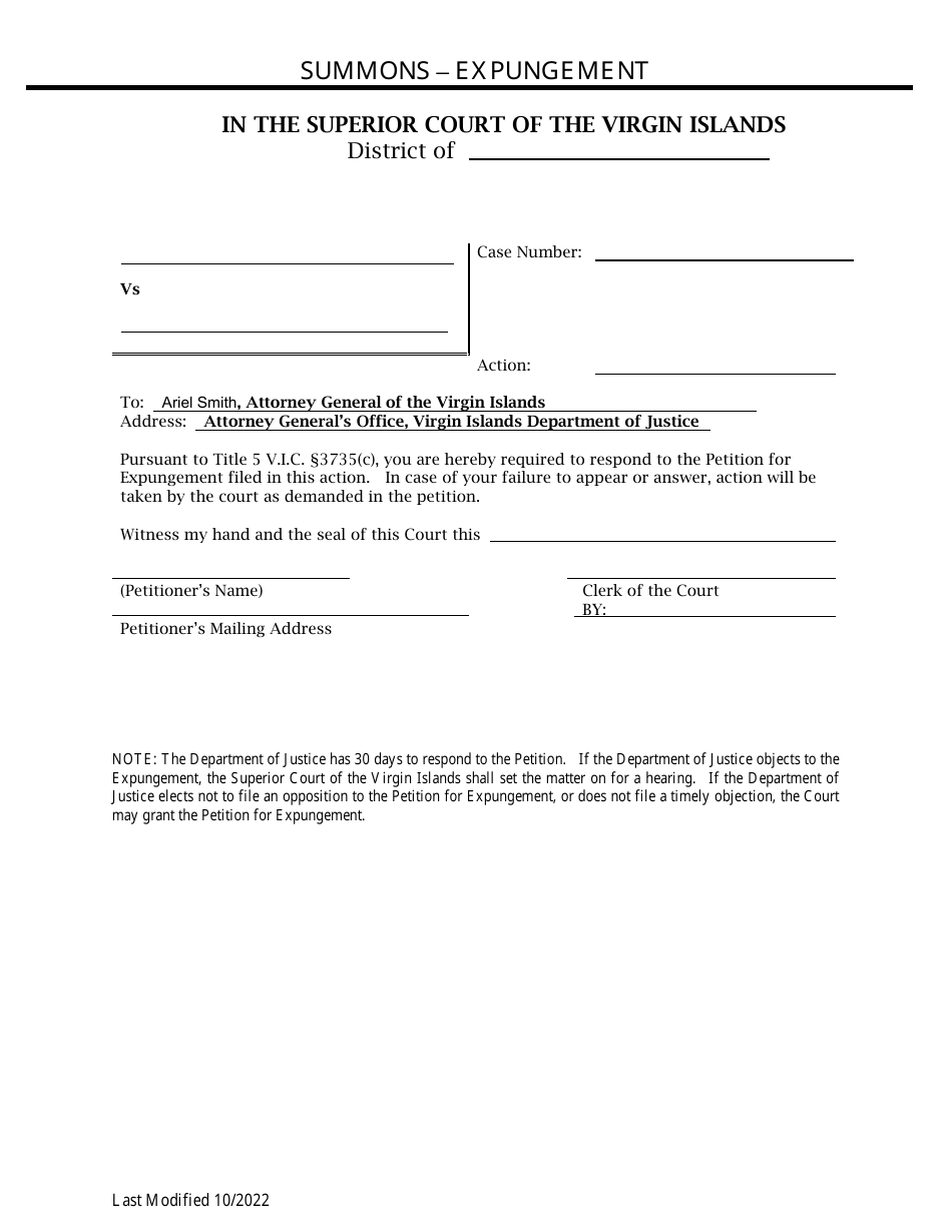 Summons - Expungement - Virgin Islands, Page 1