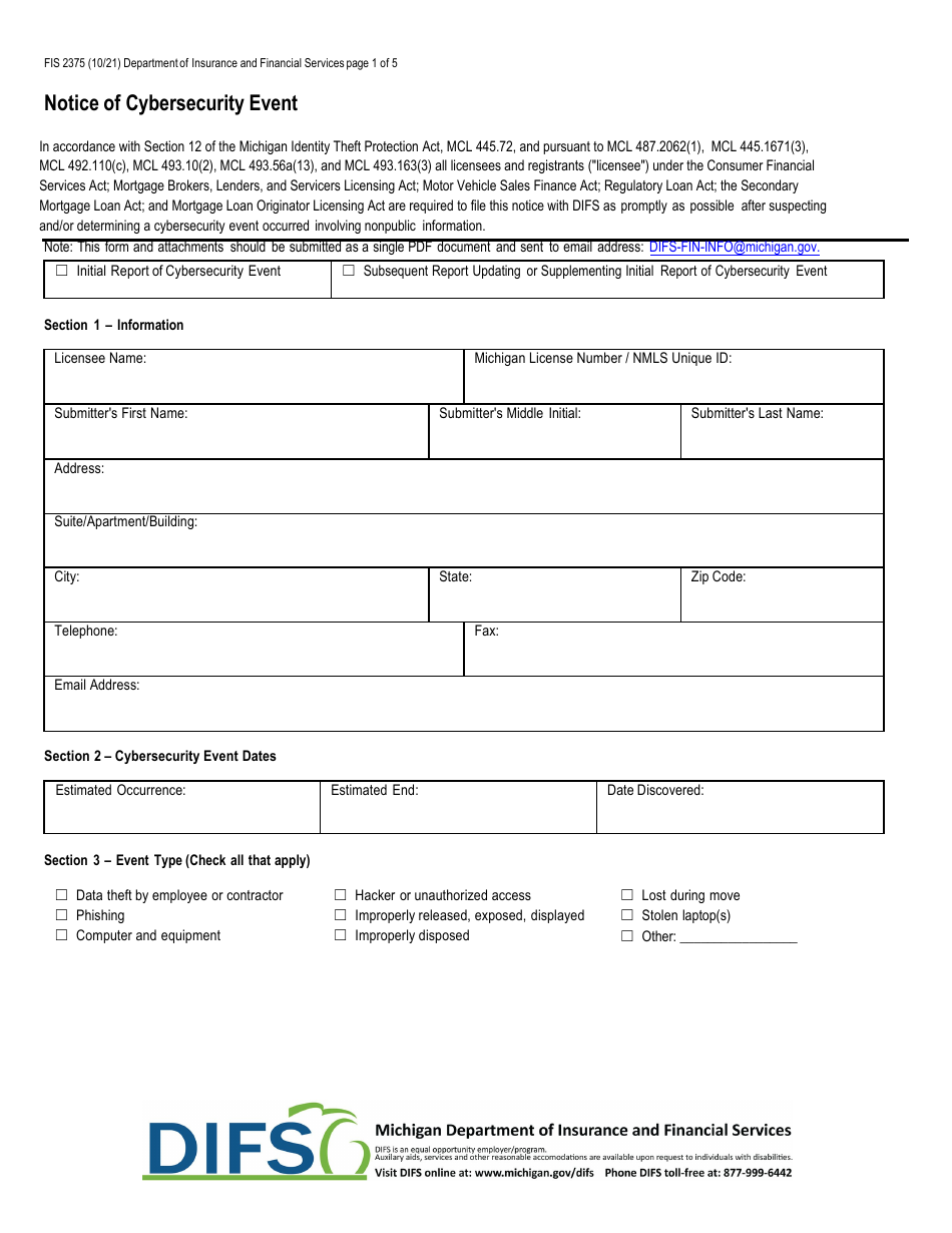 Form FIS2375 Notice of Cybersecurity Event - Michigan, Page 1
