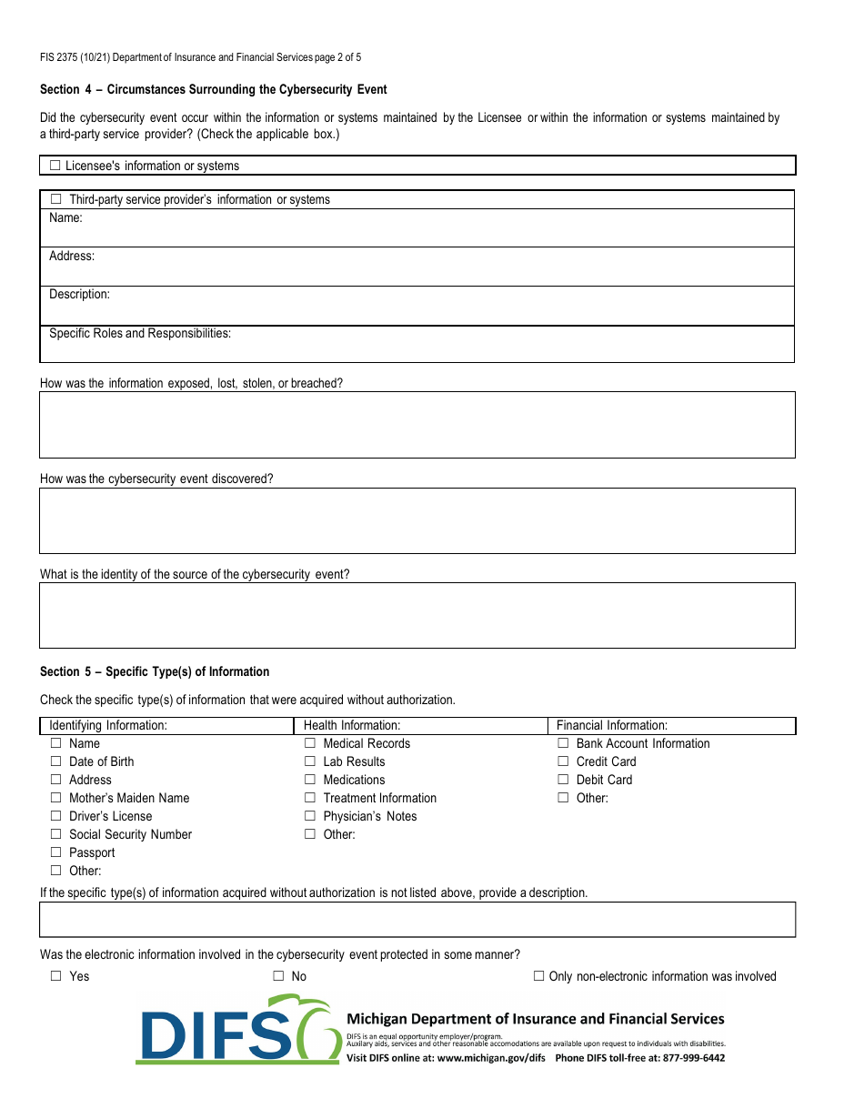Form FIS2375 Notice of Cybersecurity Event - Michigan, Page 2
