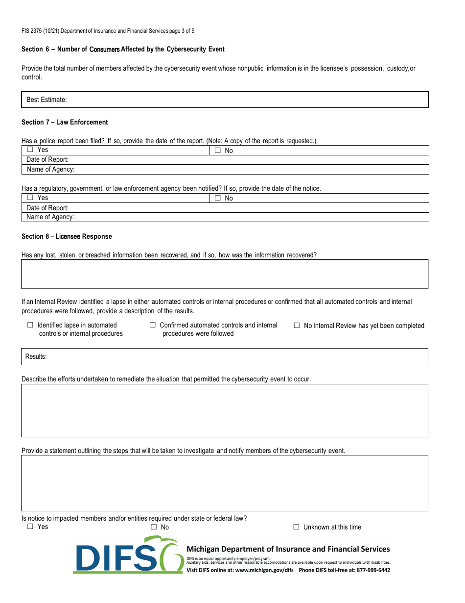 Form FIS2375 Notice of Cybersecurity Event - Michigan, Page 3