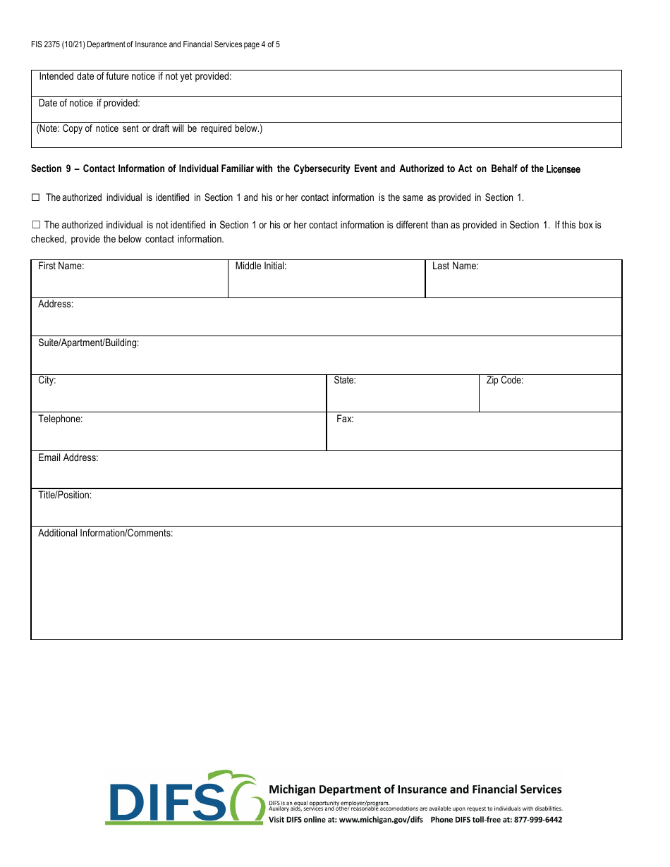 Form FIS2375 Notice of Cybersecurity Event - Michigan, Page 4