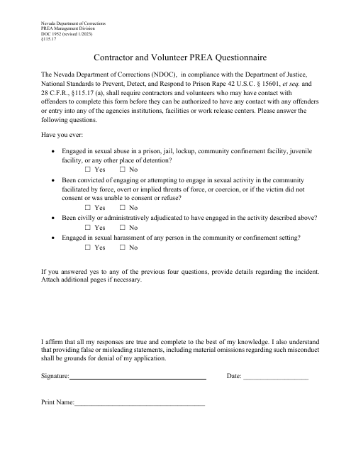 Form DOC1952 Contractor and Volunteer Prea Questionnaire - Nevada
