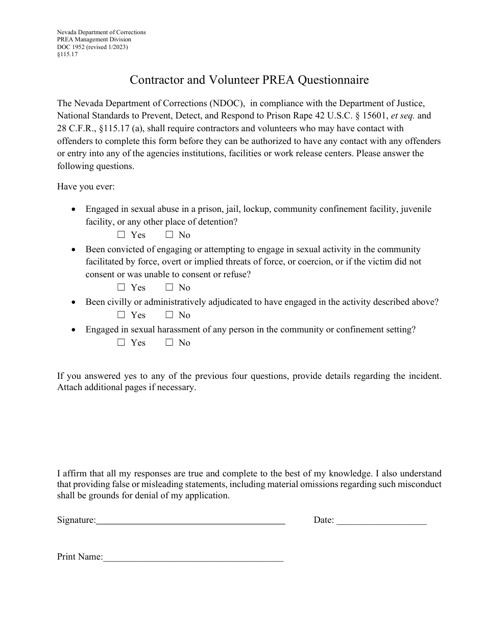Form DOC1952 Contractor and Volunteer Prea Questionnaire - Nevada, Page 1