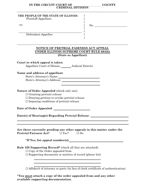 Notice of Pretrial Fairness Act Appeal Under Illinois Supreme Court Rule 604(H) (State as Appellant) - Illinois Download Pdf