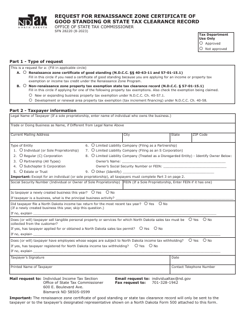 Form SFN28220 Request for Renaissance Zone Certificate of Good Standing or State Tax Clearance Record - North Dakota