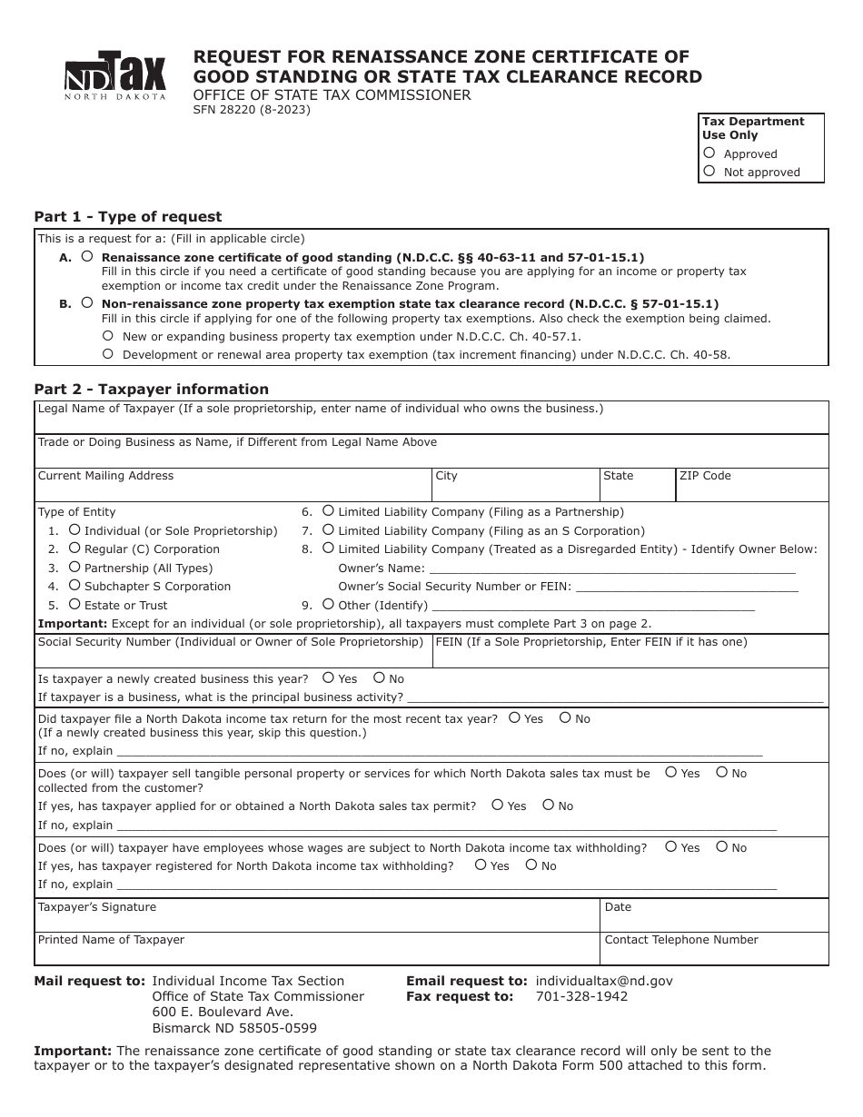 Form SFN28220 Request for Renaissance Zone Certificate of Good Standing or State Tax Clearance Record - North Dakota, Page 1