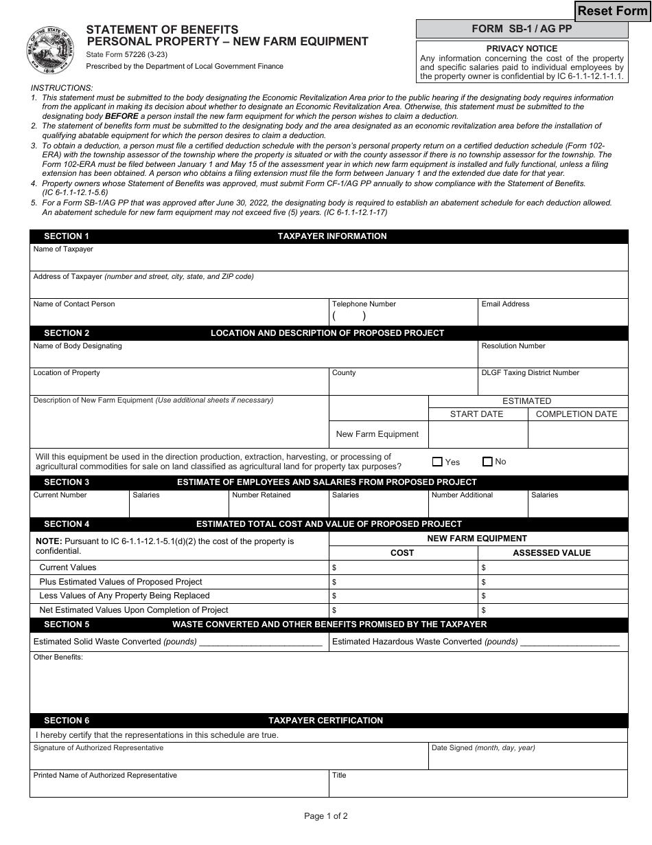 State Form 57226 (SB-1 / AG PP) Statement of Benefits Personal Property - New Farm Equipment - Indiana, Page 1