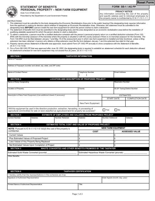 State Form 57226 (SB-1/AG PP) Statement of Benefits Personal Property - New Farm Equipment - Indiana