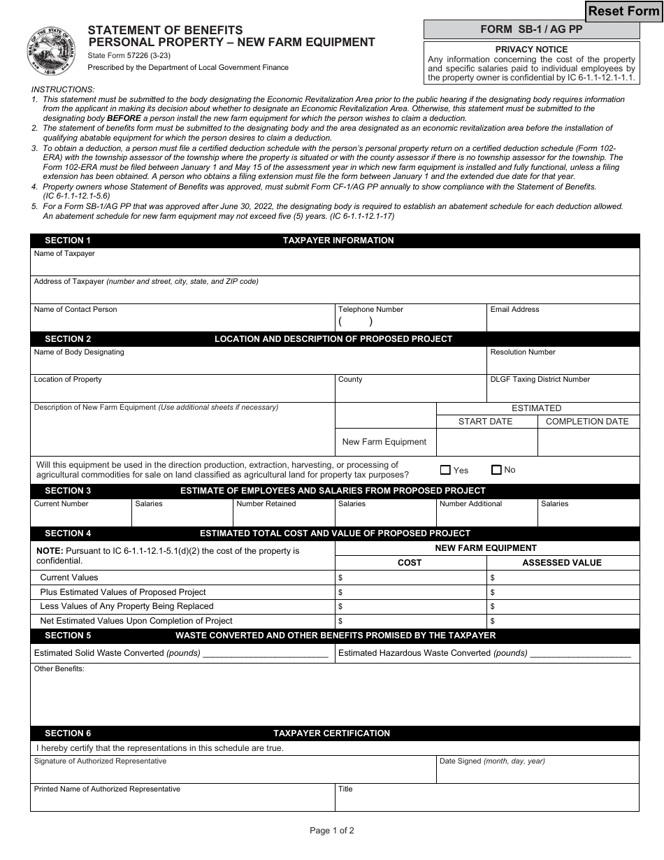 State Form 57226 (SB-1/AG PP) - Fill Out, Sign Online and Download ...