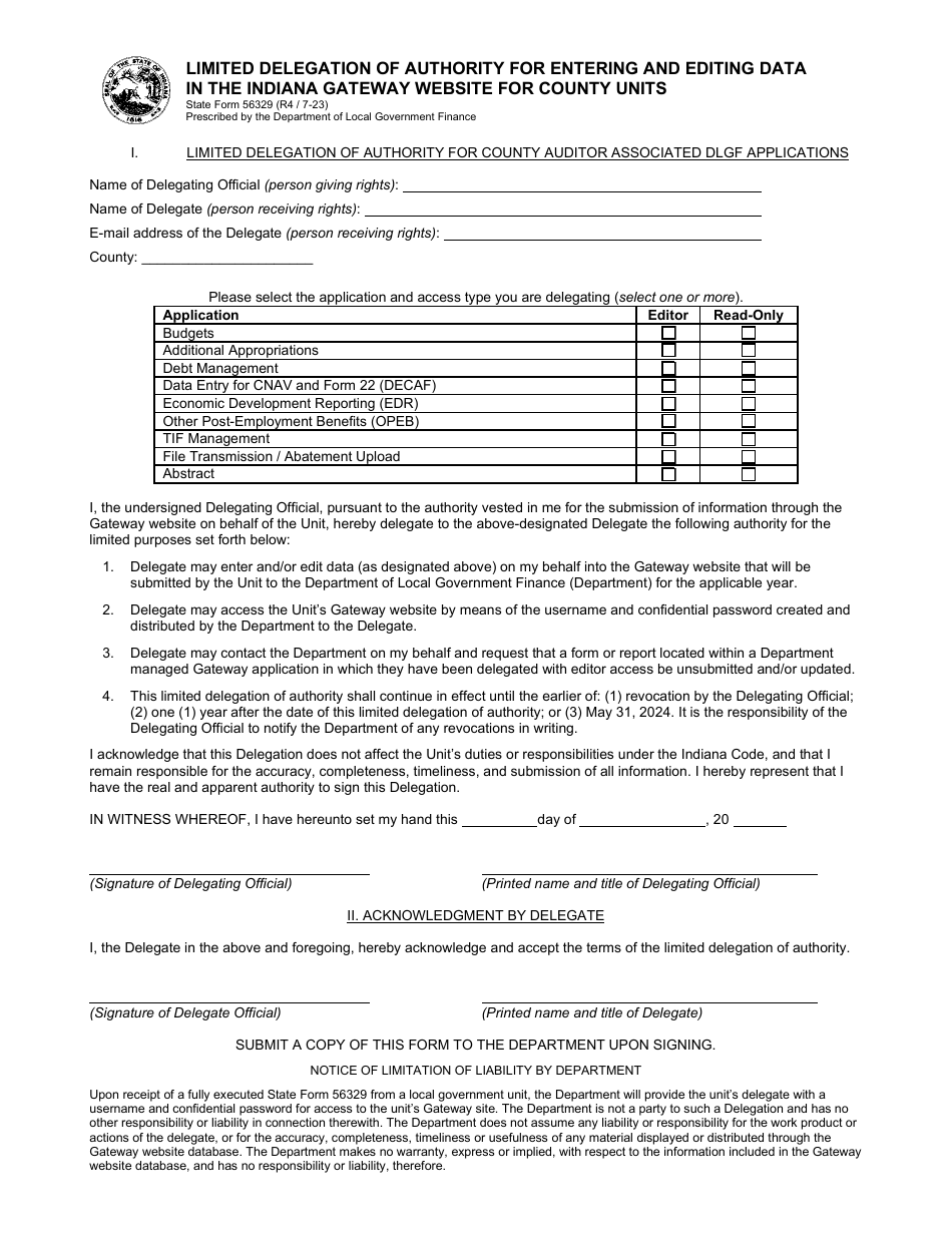 State Form 56329 Limited Delegation of Authority for Entering and Editing Data in the Indiana Gateway Website for County Units - Indiana, Page 1