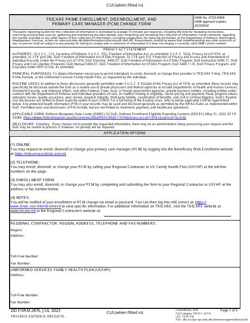 DD Form 2876 TRICARE Prime Enrollment, Disenrollment, and Primary Care Manager (PCM) Change Form