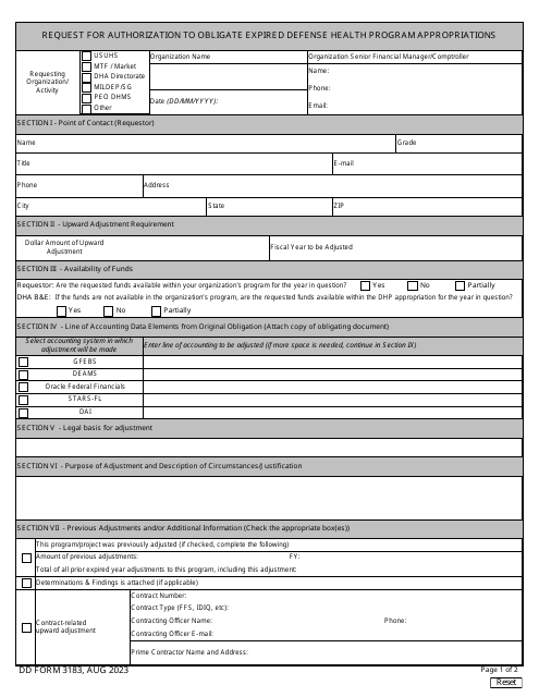 DD Form 3183 Request for Authorization to Obligate Expired Defense Health Program Appropriations