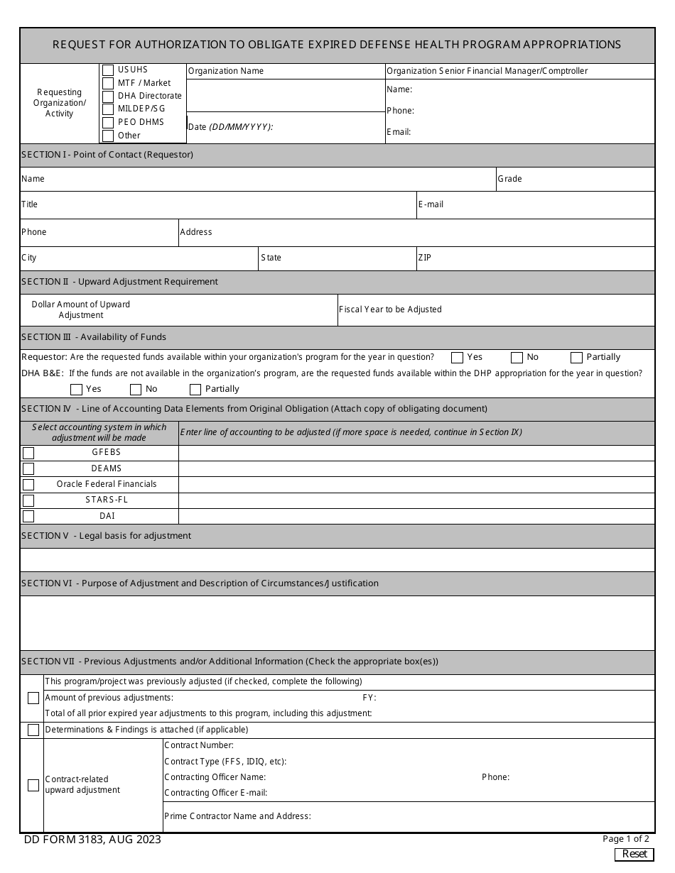 DD Form 3183 Request for Authorization to Obligate Expired Defense Health Program Appropriations, Page 1