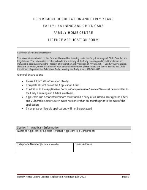 Family Home Centre Licence Application Form - Prince Edward Island, Canada