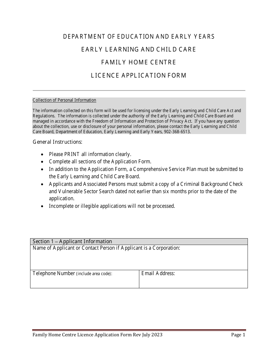 Family Home Centre Licence Application Form - Prince Edward Island, Canada, Page 1