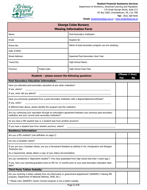 George Coles Bursary Missing Information Form - Prince Edward Island, Canada Download Pdf
