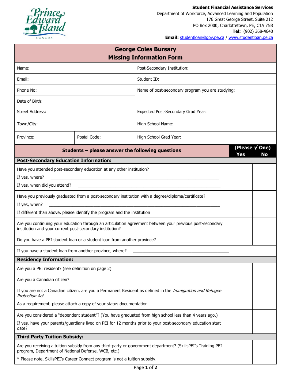 George Coles Bursary Missing Information Form - Prince Edward Island, Canada, Page 1