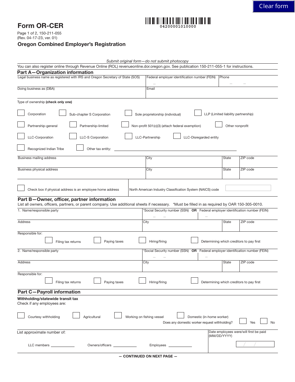 Form OR-CER (150-211-055) Oregon Combined Employers Registration - Oregon, Page 1