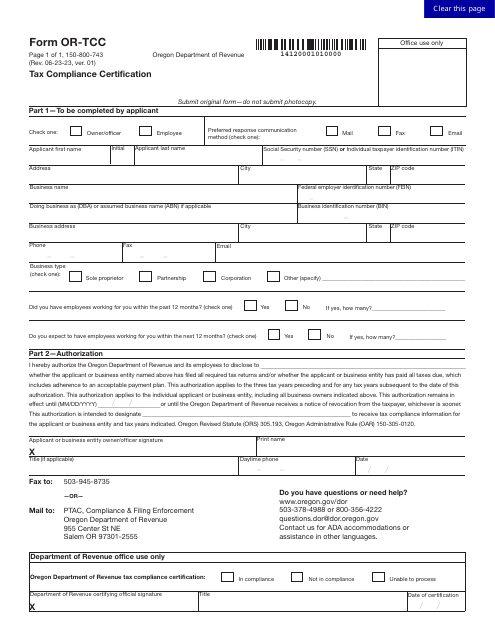 Form OR-TCC (150-800-743) Tax Compliance Certification - Oregon