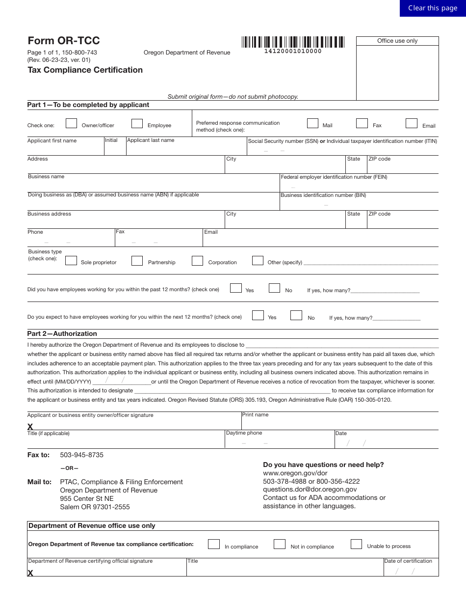 Form OR-TCC (150-800-743) Tax Compliance Certification - Oregon, Page 1