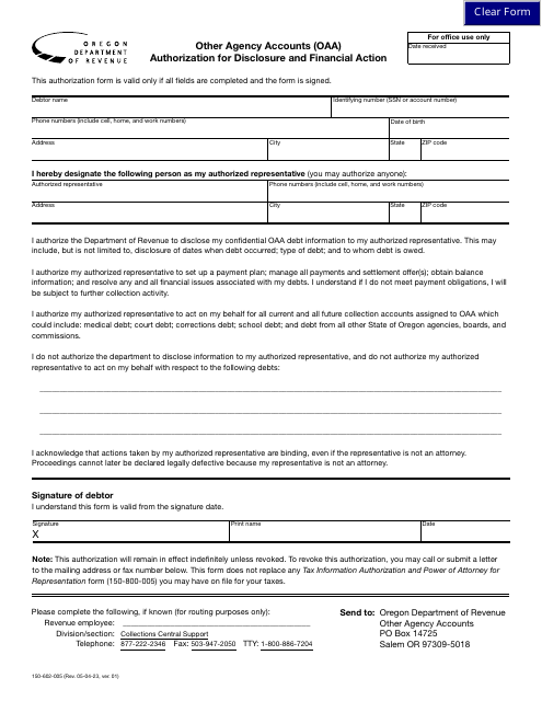 Form 150-602-005 Other Agency Accounts (Oaa) Authorization for Disclosure and Financial Action - Oregon