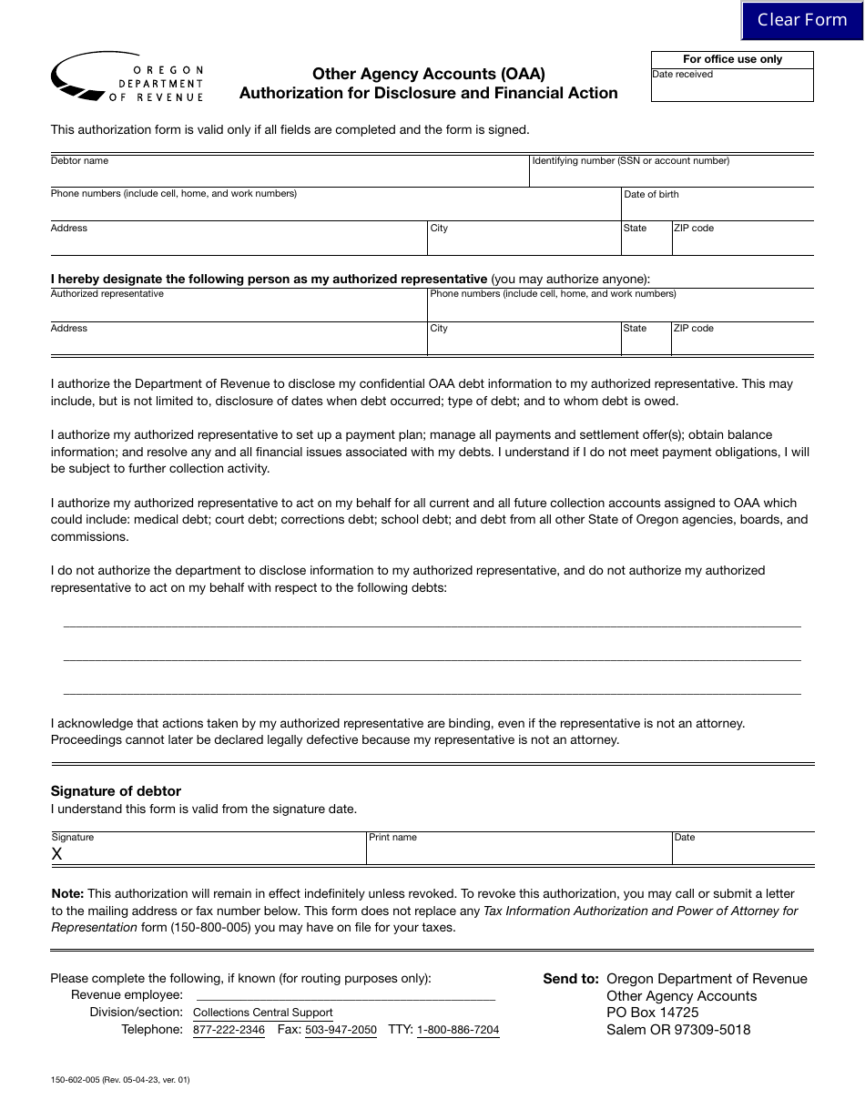 Form 150-602-005 Other Agency Accounts (Oaa) Authorization for Disclosure and Financial Action - Oregon, Page 1