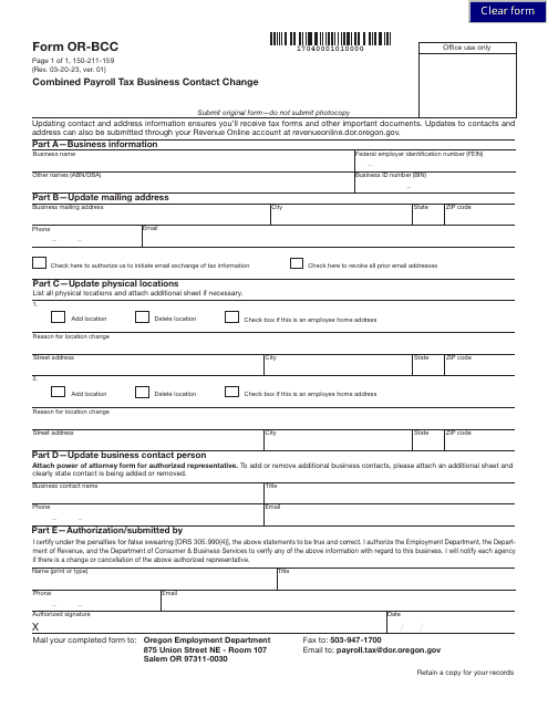 Form OR-BCC (150-211-159)  Printable Pdf