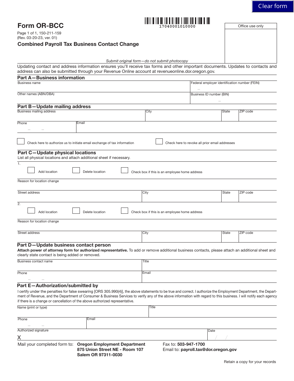 Form OR-BCC (150-211-159) Combined Payroll Tax Business Contact Change - Oregon, Page 1