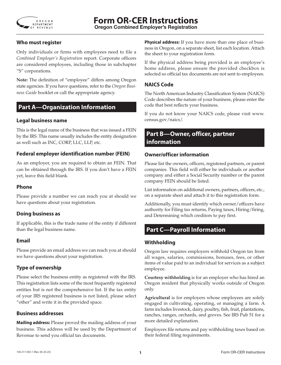 Instructions for Form OR-CER, 150-211-055 Oregon Combined Employers Registration - Oregon, Page 1