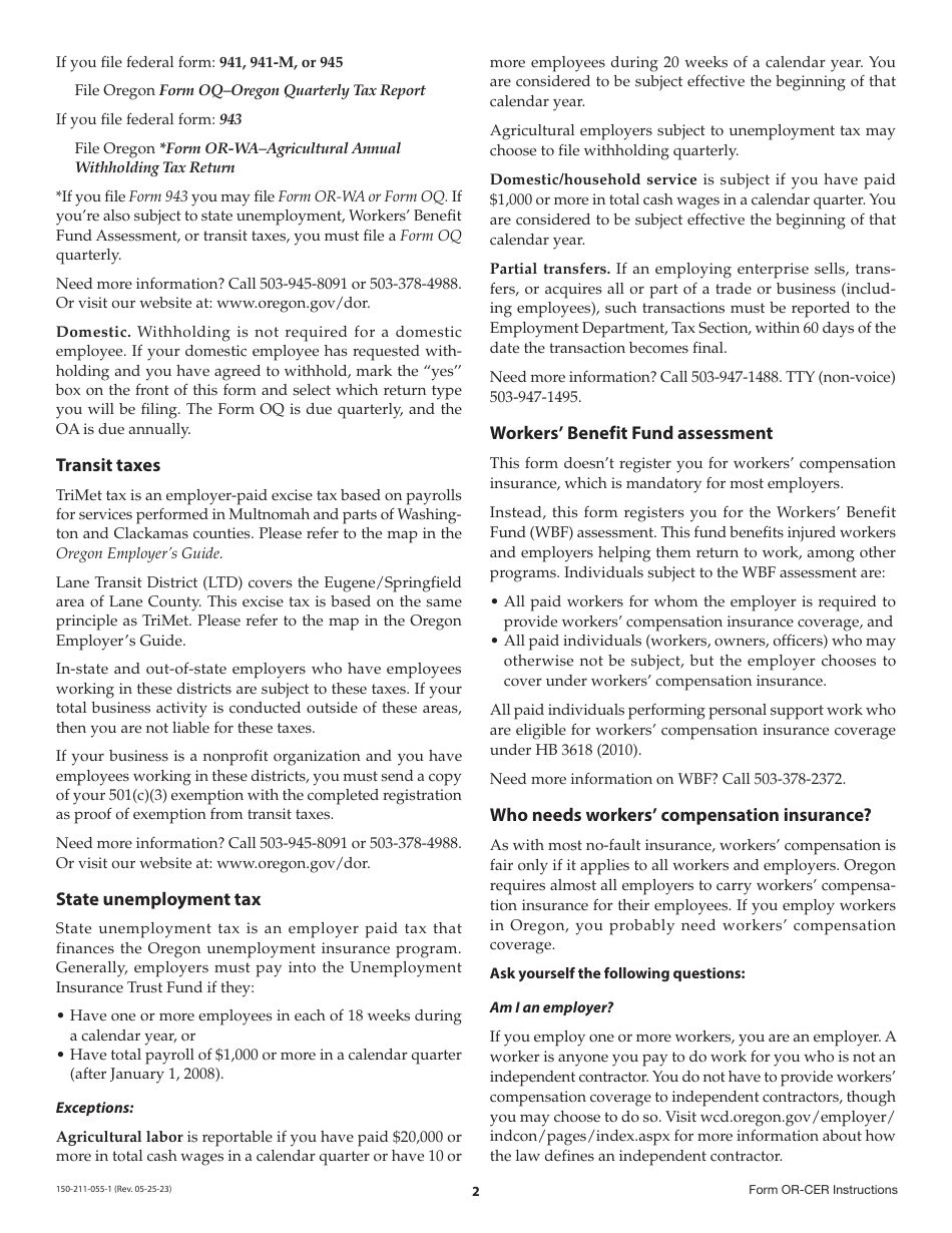 Instructions for Form OR-CER, 150-211-055 Oregon Combined Employers Registration - Oregon, Page 2