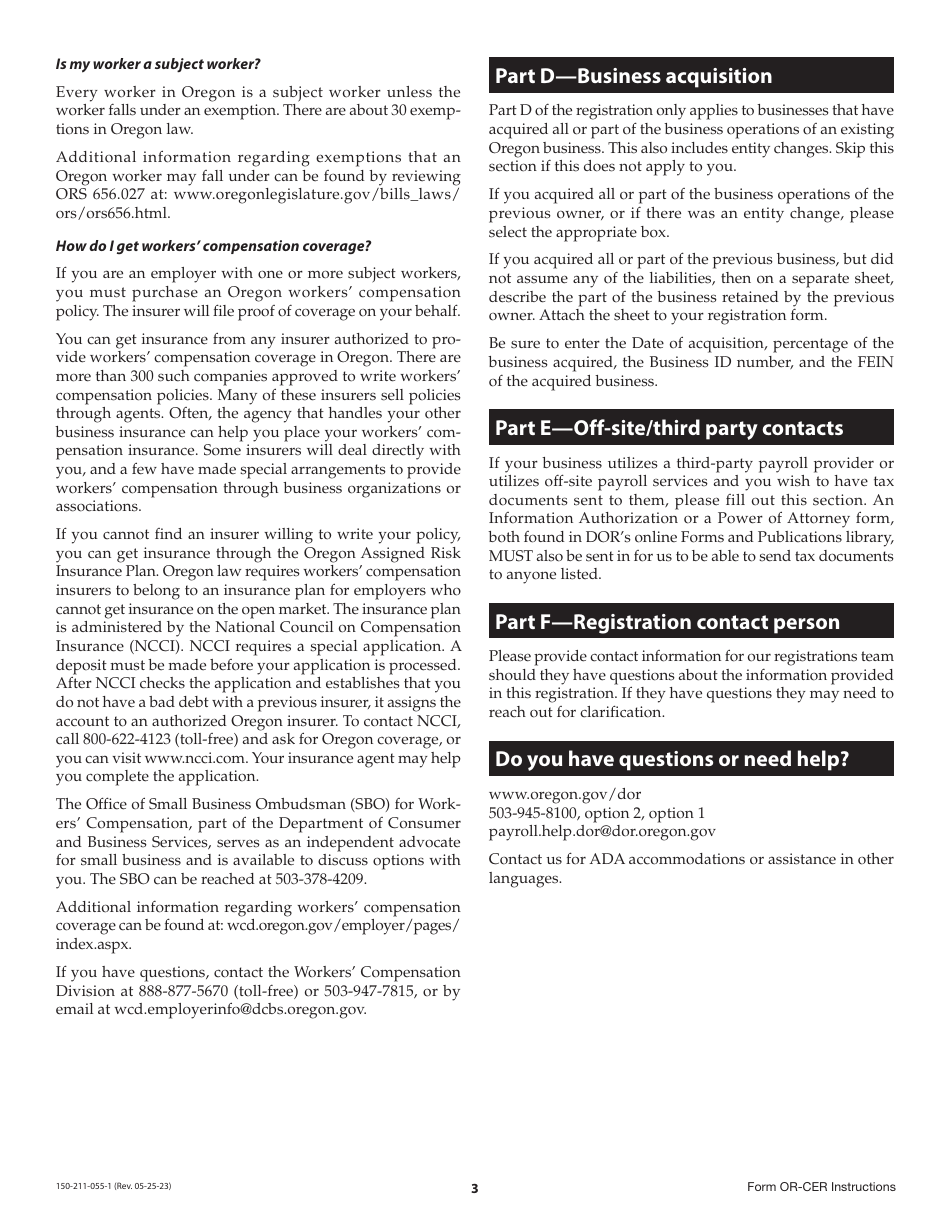 Instructions for Form OR-CER, 150-211-055 Oregon Combined Employers Registration - Oregon, Page 3