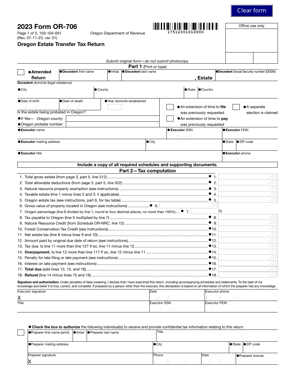 Form OR706 (150104001) Download Fillable PDF or Fill Online Oregon