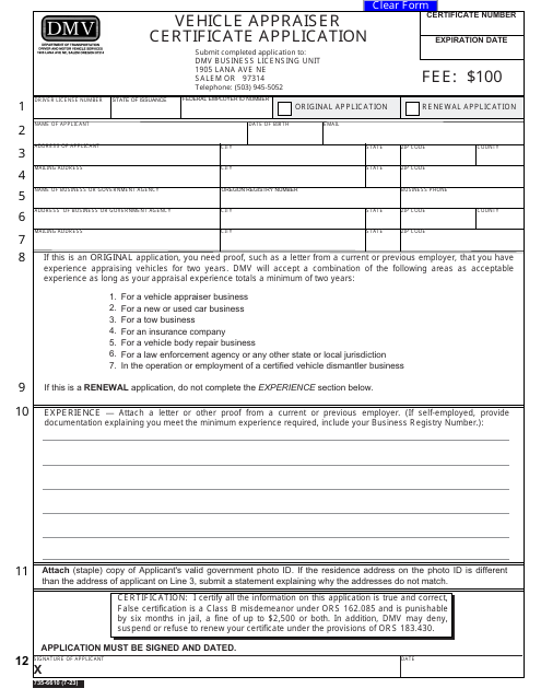 Form 735-6610 Vehicle Appraiser Certificate Application - Oregon