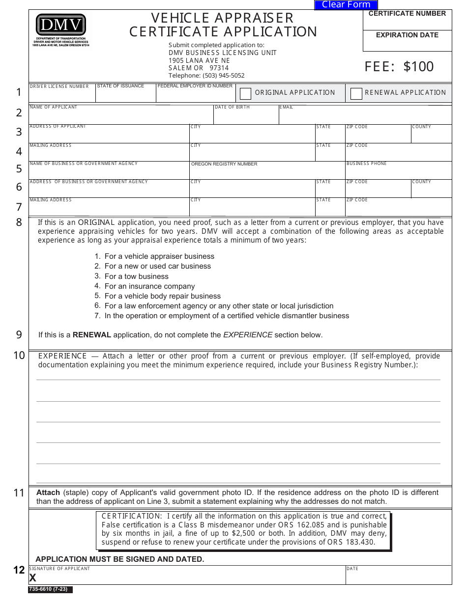 Form 735-6610 Vehicle Appraiser Certificate Application - Oregon, Page 1