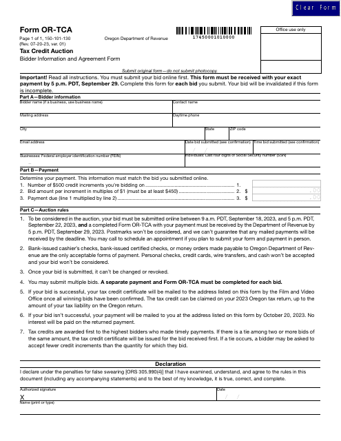 Form OR-TCA (150-101-130)  Printable Pdf