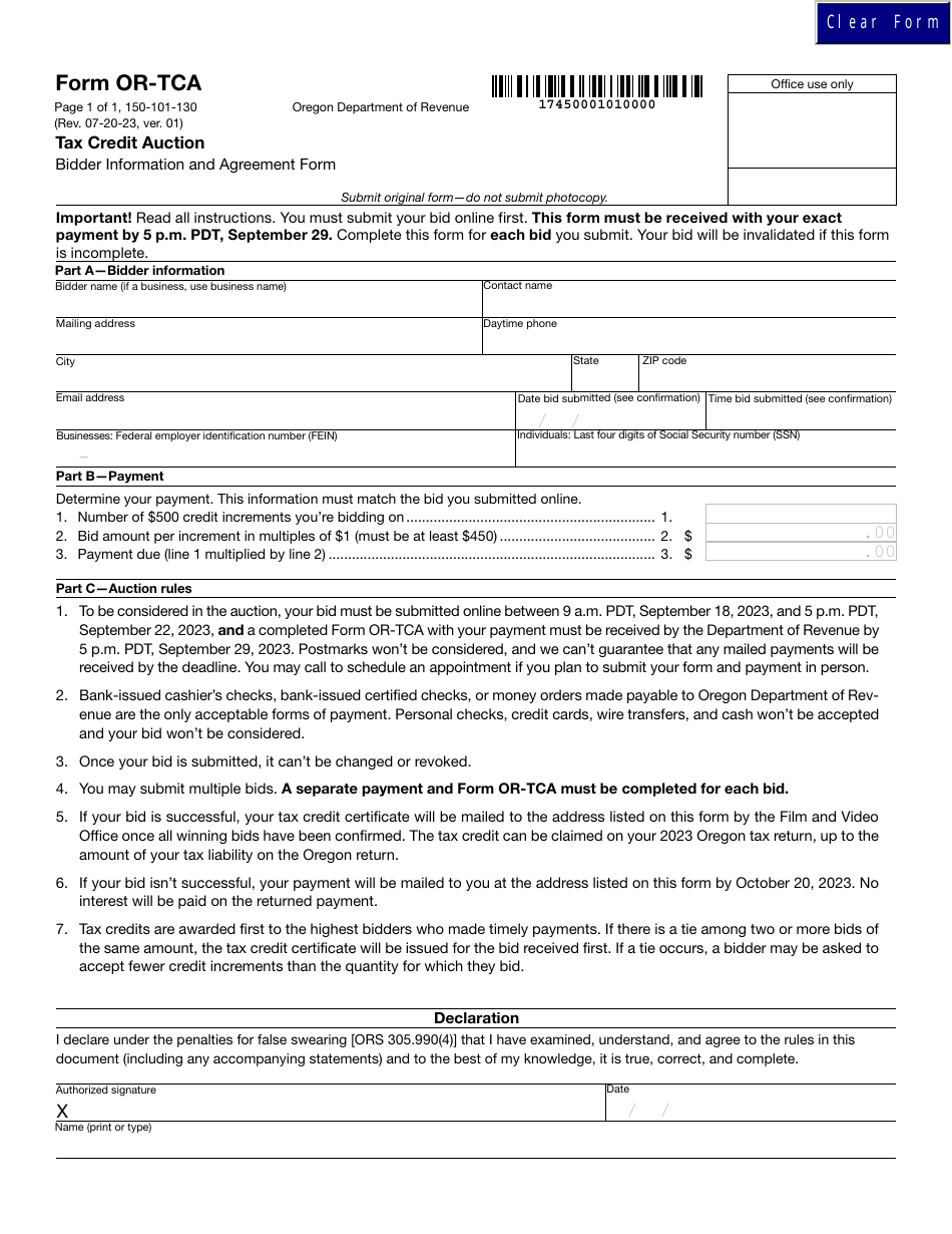 Form OR-TCA (150-101-130) Tax Credit Auction Bidder Information and Agreement - Oregon, Page 1