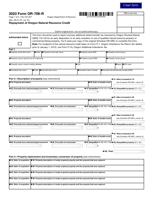 Form OR-706-R (150-104-007) Repayment of Oregon Natural Resource Credit - Oregon, 2023
