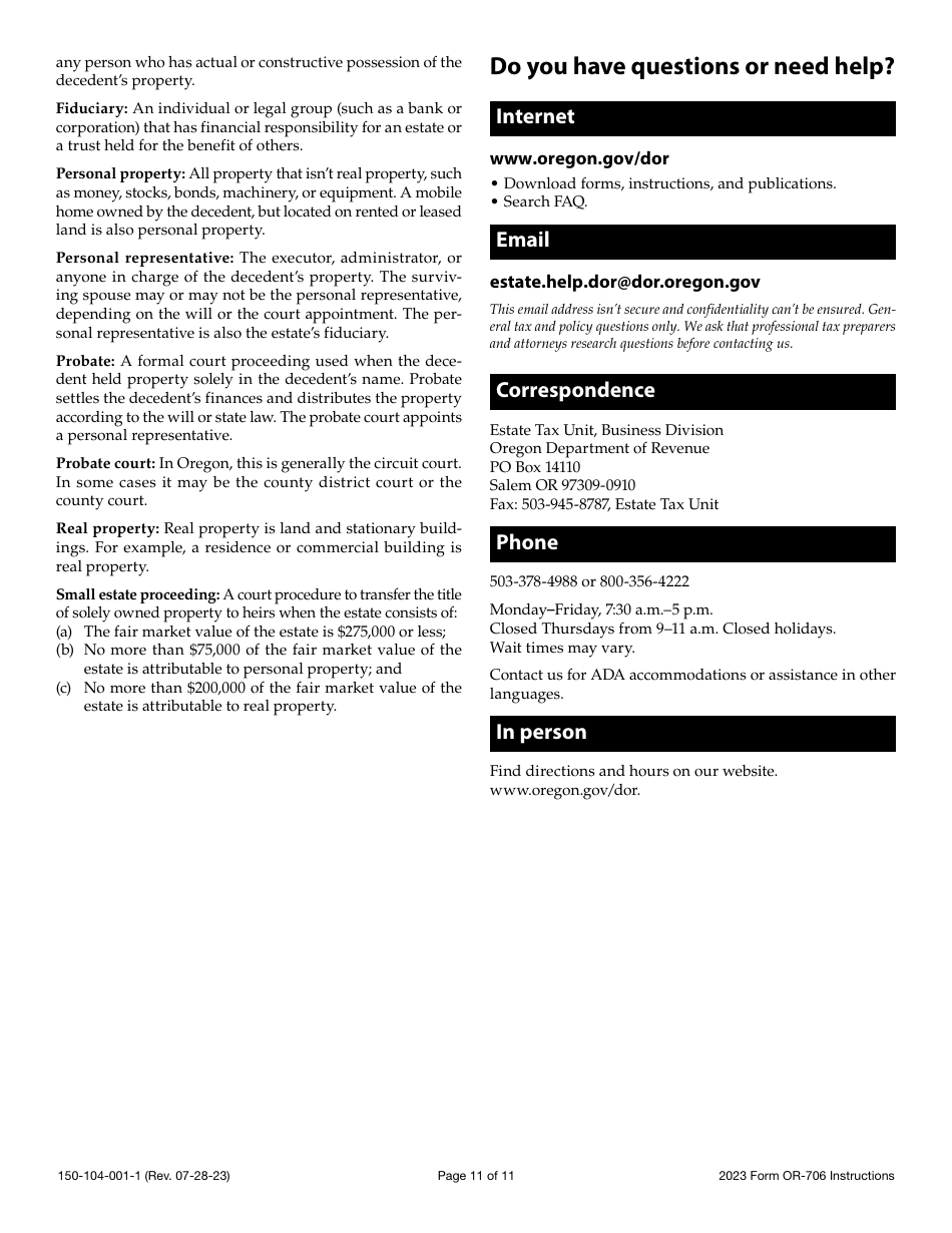 Instructions for Form OR-706, 150-104-001 Oregon Estate Transfer Tax Return - Oregon, Page 11