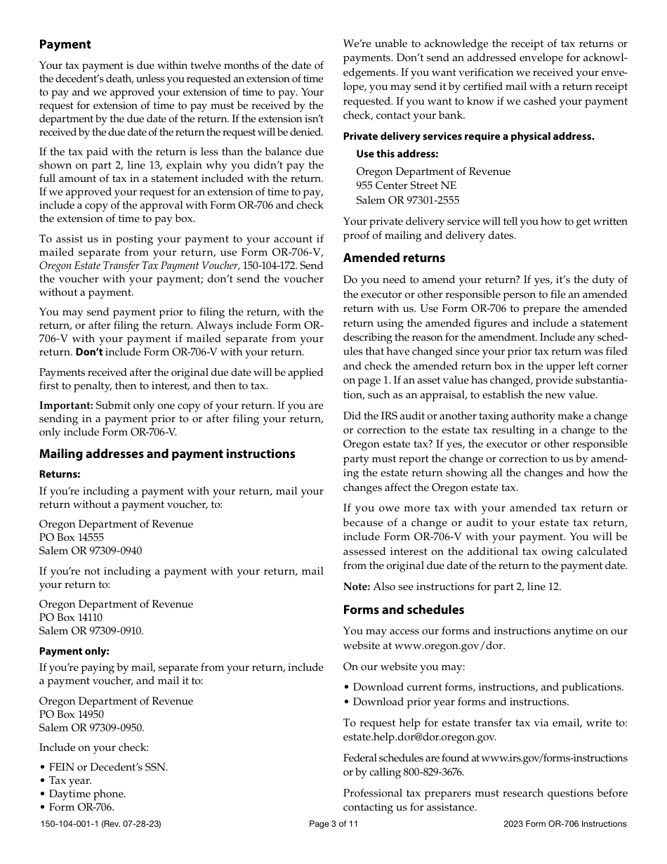 Instructions for Form OR-706, 150-104-001 Oregon Estate Transfer Tax Return - Oregon, Page 3