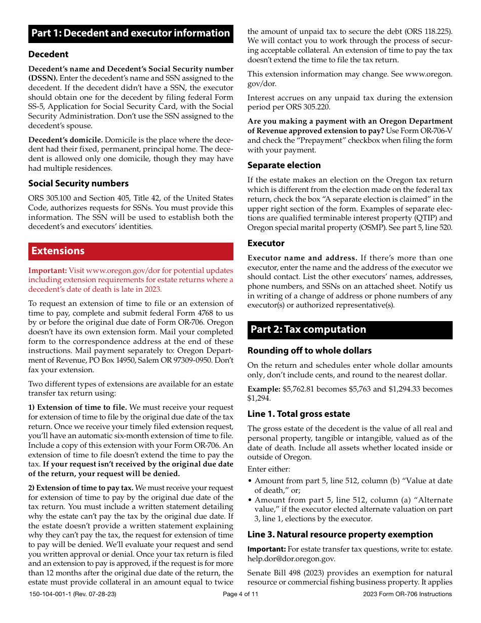 Instructions for Form OR-706, 150-104-001 Oregon Estate Transfer Tax Return - Oregon, Page 4