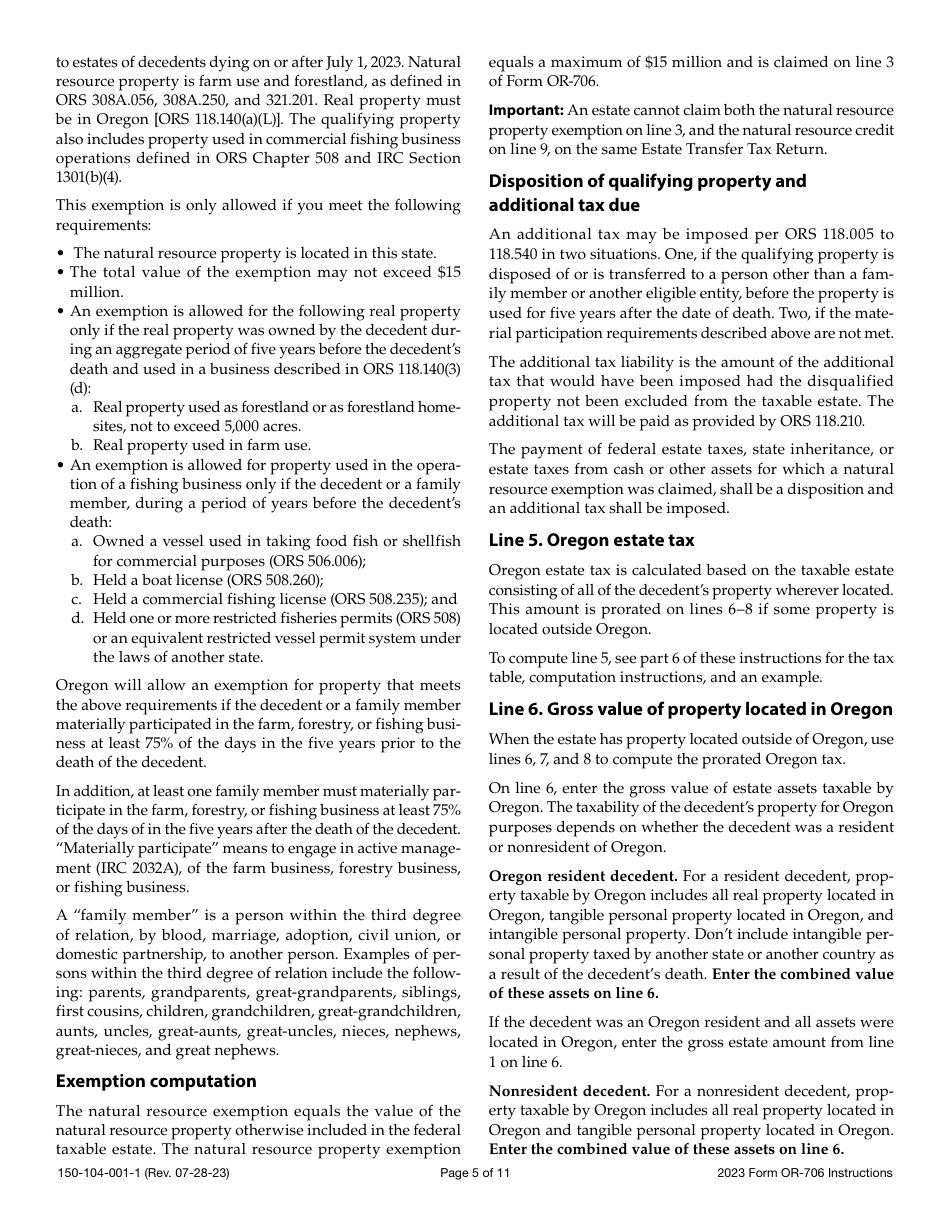 Instructions for Form OR-706, 150-104-001 Oregon Estate Transfer Tax Return - Oregon, Page 5