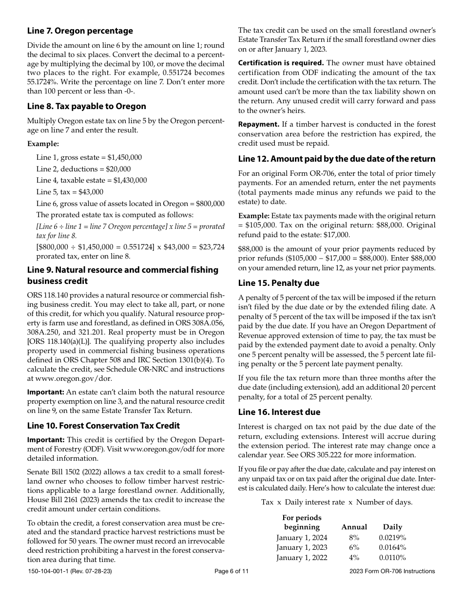 Instructions for Form OR-706, 150-104-001 Oregon Estate Transfer Tax Return - Oregon, Page 6