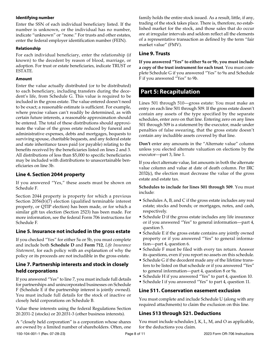Instructions for Form OR-706, 150-104-001 Oregon Estate Transfer Tax Return - Oregon, Page 8
