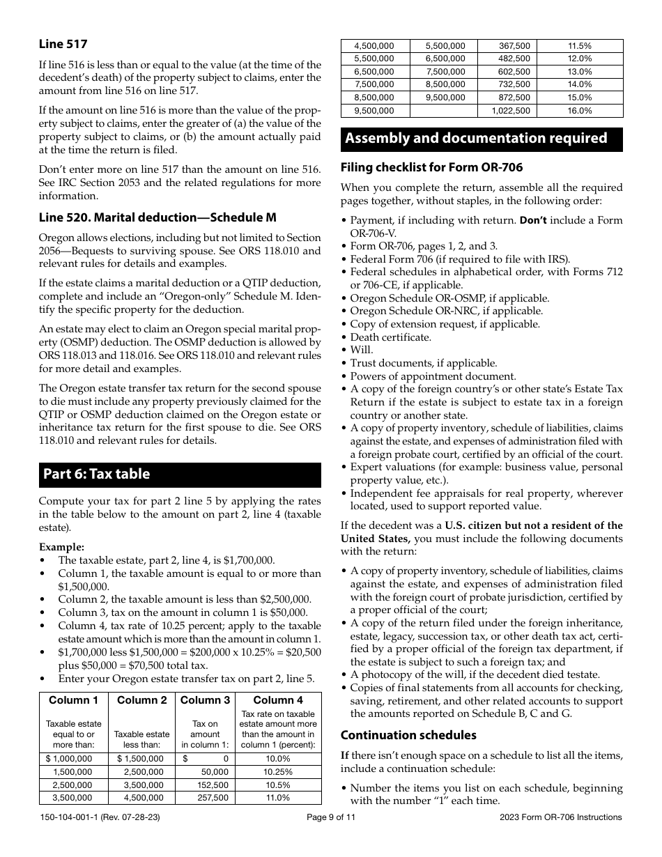 Instructions for Form OR-706, 150-104-001 Oregon Estate Transfer Tax Return - Oregon, Page 9