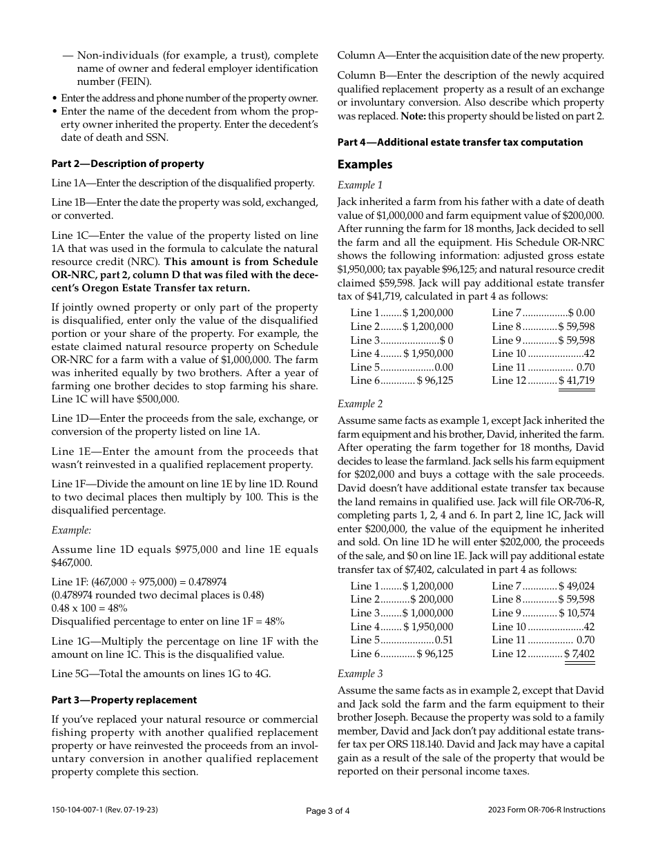 Instructions for Form OR-706-R, 150-104-007 Repayment of Oregon Natural Resource Credit - Oregon, Page 3